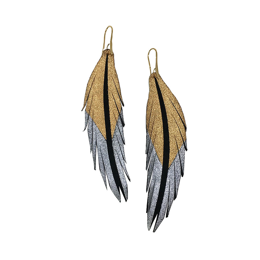 Short Feather Leather Earrings - Black Suede Rose Gold Pewter Painted-Short Feather Leather Earrings-Wholesale-Boutique-Clothing-Accessories