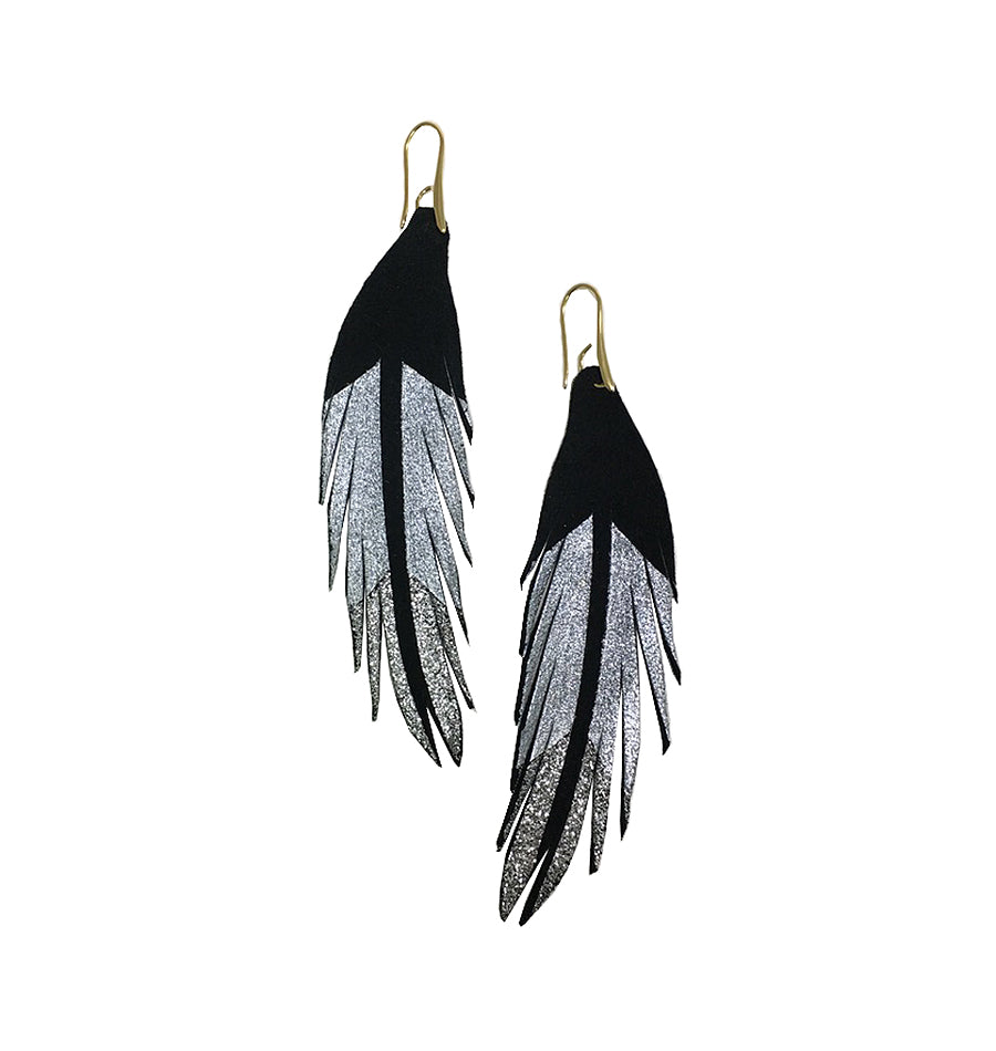 Short Feather Leather Earrings - Black Suede Pewter Glitter Painted-Short Feather Leather Earrings-Wholesale-Boutique-Clothing-Accessories