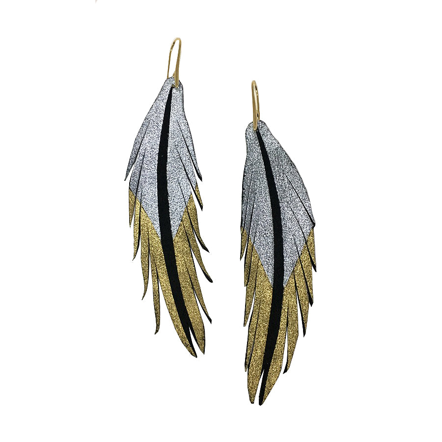Short Feather Leather Earrings - Black Suede Pewter Gold Painted-Short Feather Leather Earrings-Wholesale-Boutique-Clothing-Accessories
