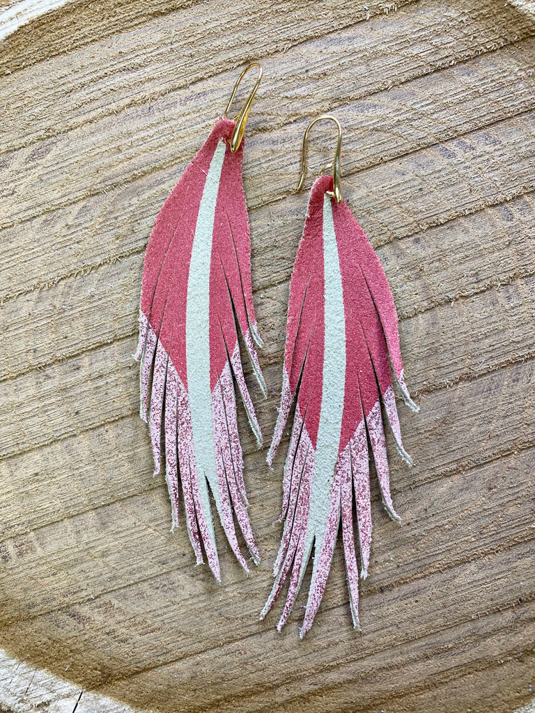 Short Feather Leather Earrings - Riot Red/Pink Glitter-Short Feather Leather Earrings-Wholesale-Boutique-Clothing-Accessories