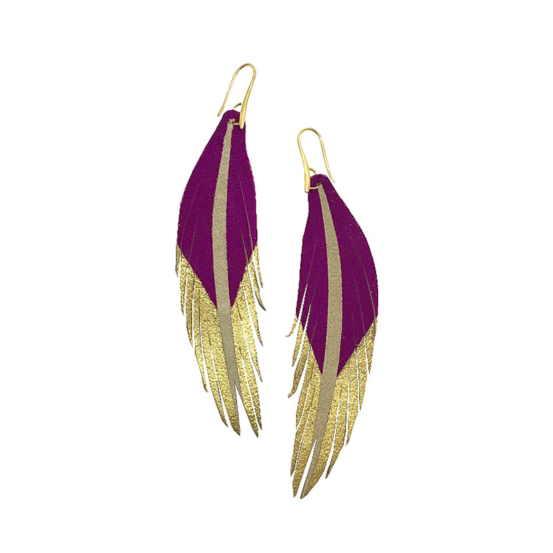Short Feather Leather Earrings - Magenta Gold-Short Feather Leather Earrings-Wholesale-Boutique-Clothing-Accessories