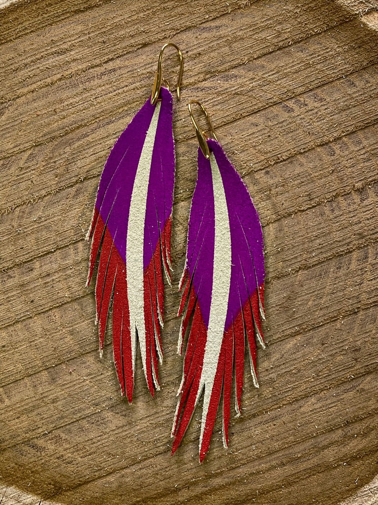 Short Feather Leather Earrings - Fuchsia/Red-Short Feather Leather Earrings-Wholesale-Boutique-Clothing-Accessories