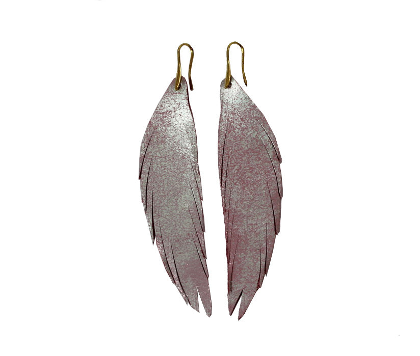 Short Feather Leather Earring - Pink Metallic-Short Feather Leather Earrings-Wholesale-Boutique-Clothing-Accessories