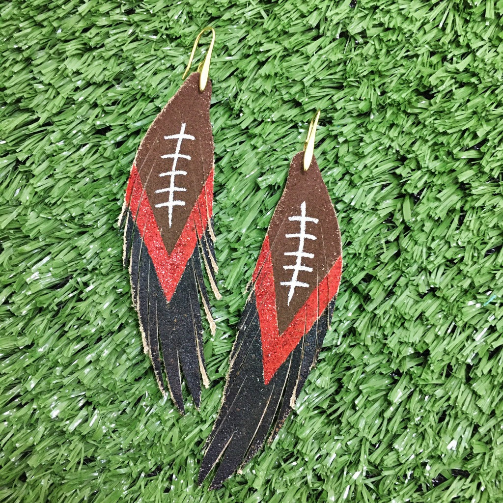 Short Feather Leather Earring - 2 Color Football Painted