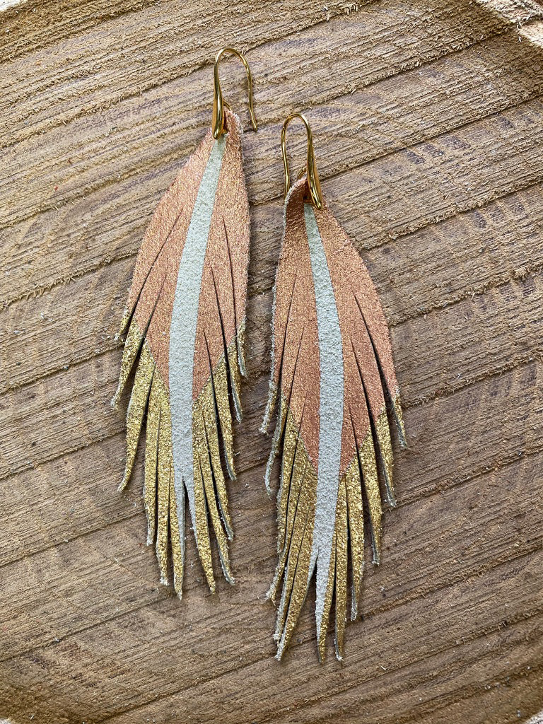 Short Feather Leather Earrings - Rose Gold/Gold Painted-Short Feather Leather Earrings-Wholesale-Boutique-Clothing-Accessories