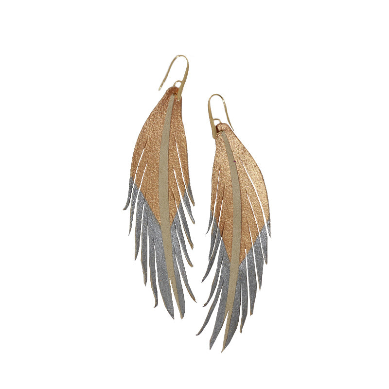 Short Feather Leather Earrings - Rose Gold/Pewter Painted-Short Feather Leather Earrings-Wholesale-Boutique-Clothing-Accessories