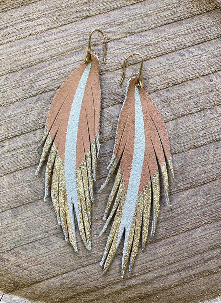 Short Feather Leather Earrings - Vachetta/Gold Glitter-Short Feather Leather Earrings-Wholesale-Boutique-Clothing-Accessories