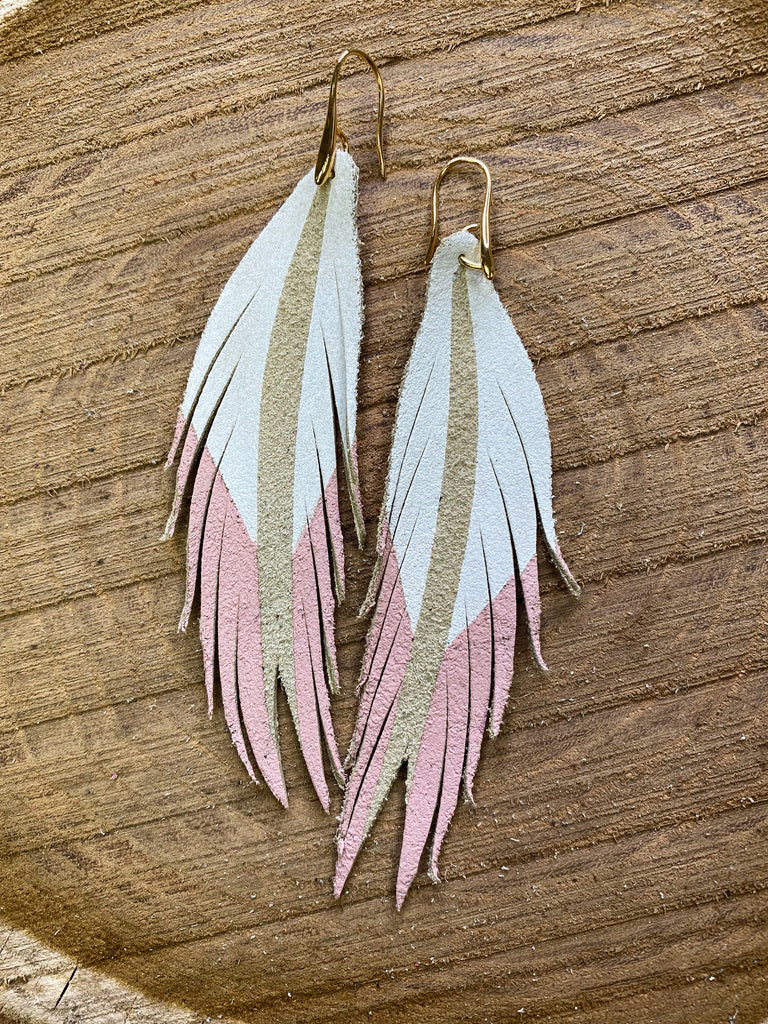 Short Feather Leather Earrings - White/Light Pink Painted-Short Feather Leather Earrings-Wholesale-Boutique-Clothing-Accessories