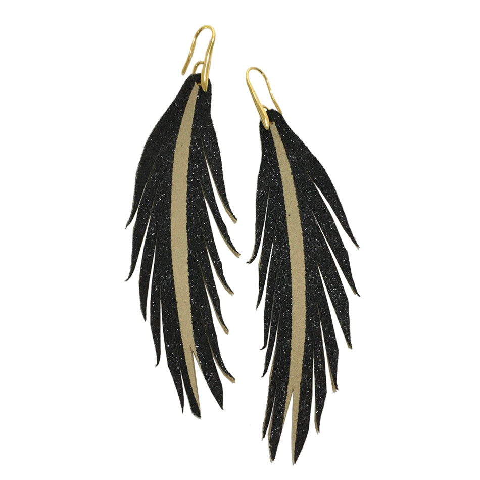 Short Feather Leather Earring - Black Glitter-Short Feather Leather Earrings-Wholesale-Boutique-Clothing-Accessories
