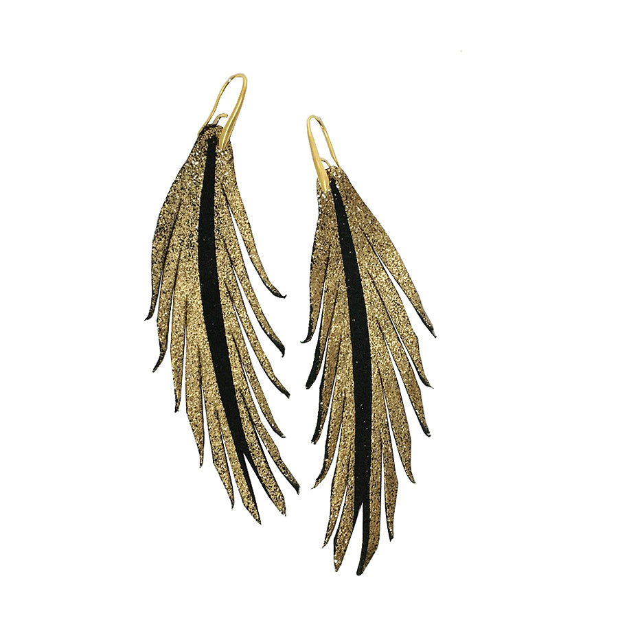 Short Feather Leather Black Suede Earring - Gold Glitter-Short Feather Leather Earrings-Wholesale-Boutique-Clothing-Accessories