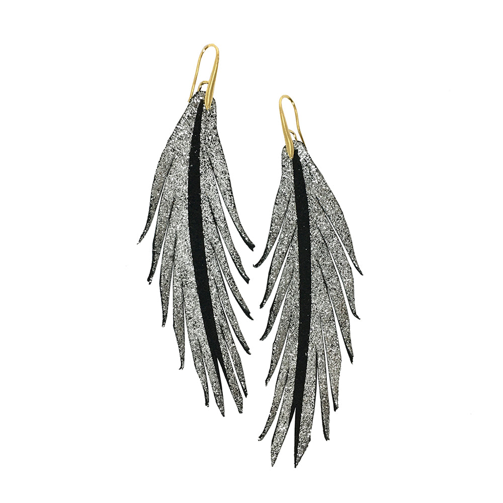 Short Feather Leather Black Suede Earring - Silver Glitter-Short Feather Leather Earrings-Wholesale-Boutique-Clothing-Accessories