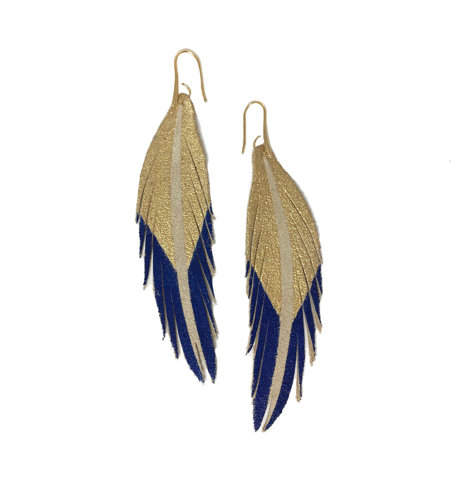 Short Feather Leather Earrings - Gold/Cobalt Painted-Short Feather Leather Earrings-Wholesale-Boutique-Clothing-Accessories