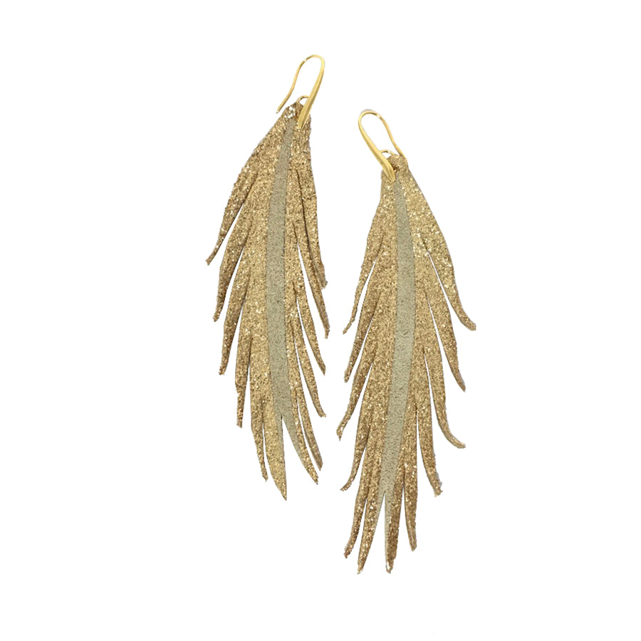 Short Feather Leather Earring - Gold Glitter-Short Feather Leather Earrings-Wholesale-Boutique-Clothing-Accessories