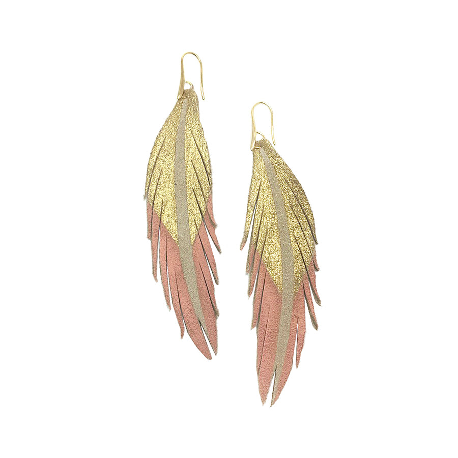 Short Feather Leather Earrings - Gold/Peachy Pink Painted-Short Feather Leather Earrings-Wholesale-Boutique-Clothing-Accessories