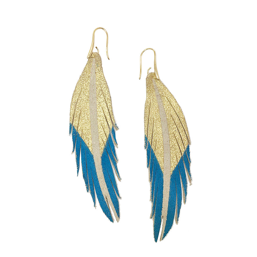Short Feather Leather Earrings - Gold/Turquoise Painted-Short Feather Leather Earrings-Wholesale-Boutique-Clothing-Accessories