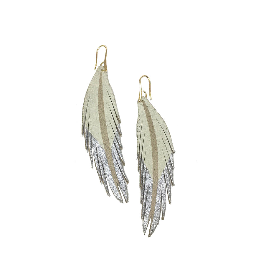 Short Feather Leather Earrings - White/Silver Painted-Short Feather Leather Earrings-Wholesale-Boutique-Clothing-Accessories