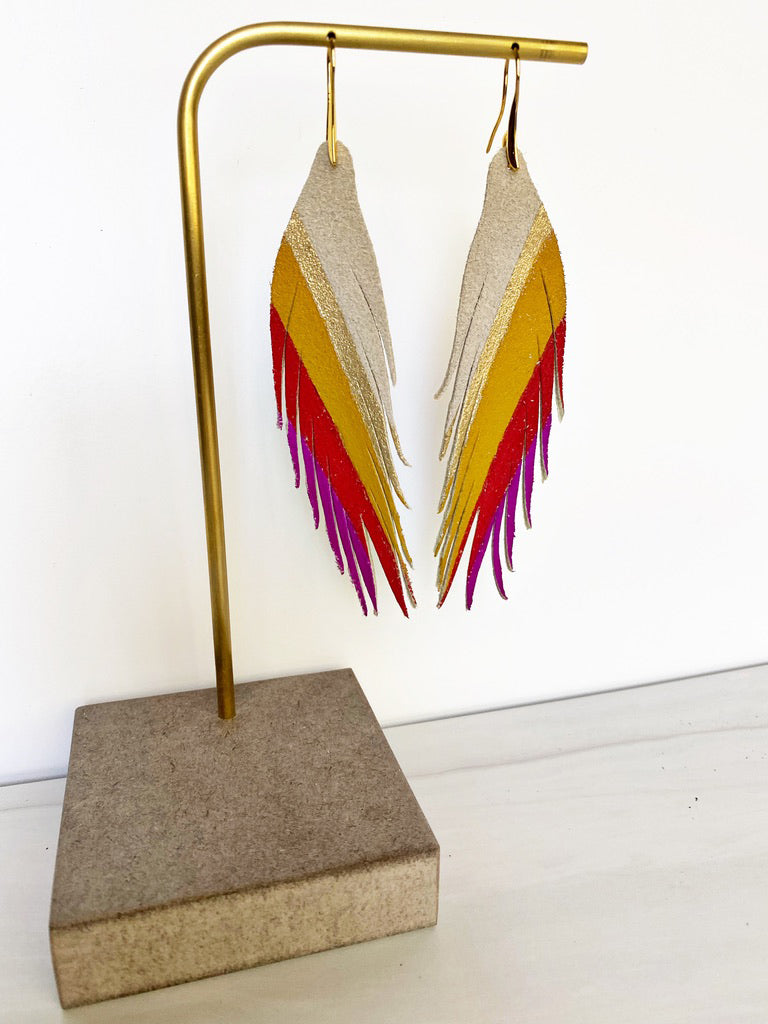 Short Feather Diagonal Stripe Leather Earrings - Fuchsia Red Mustard Gold-Short Feather Leather Earrings-Wholesale-Boutique-Clothing-Accessories