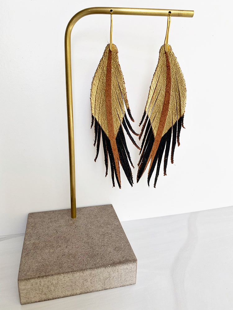Toast Color Leather Earrings - Gold Black-Short Feather Leather Earrings-Wholesale-Boutique-Clothing-Accessories