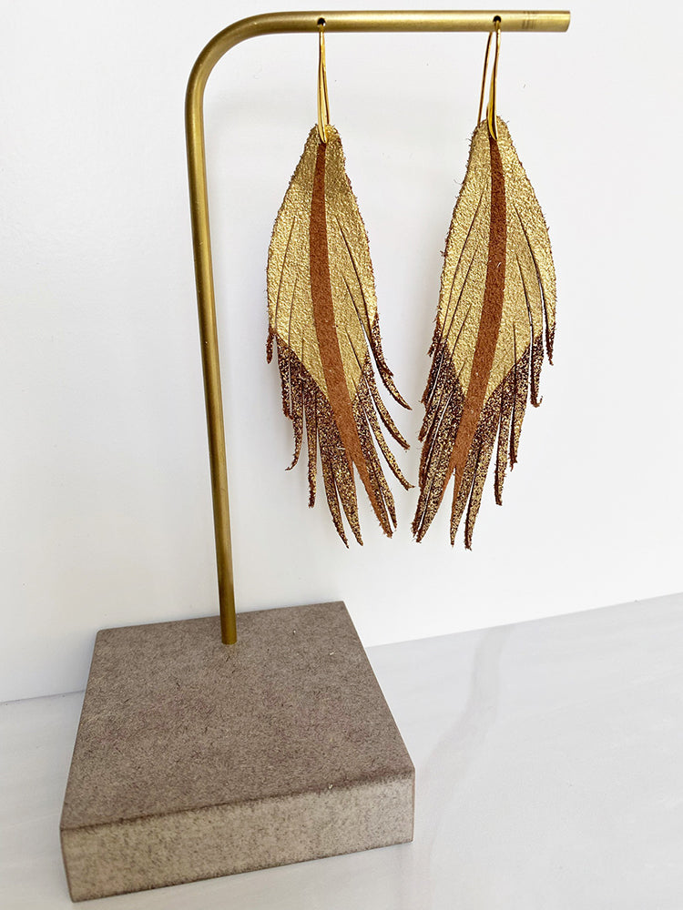 Toast Color Leather Earrings - Gold Gold Glitter-Short Feather Leather Earrings-Wholesale-Boutique-Clothing-Accessories