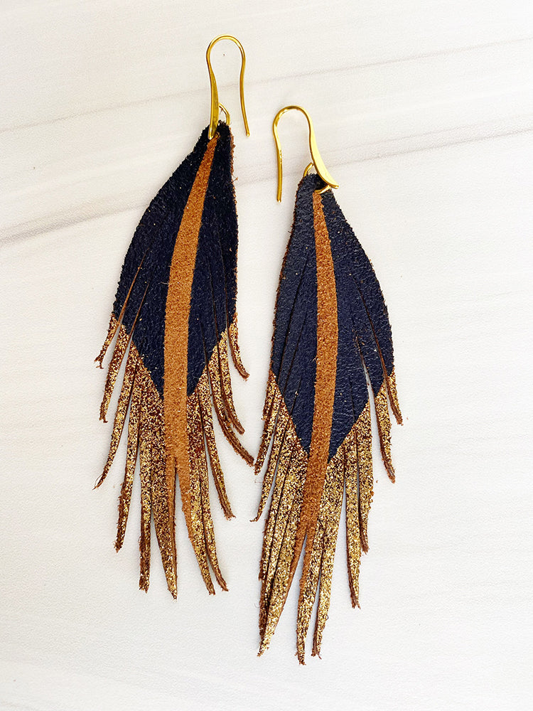 Toast Color Leather Earrings - Navy Gold Glitter-Short Feather Leather Earrings-Wholesale-Boutique-Clothing-Accessories