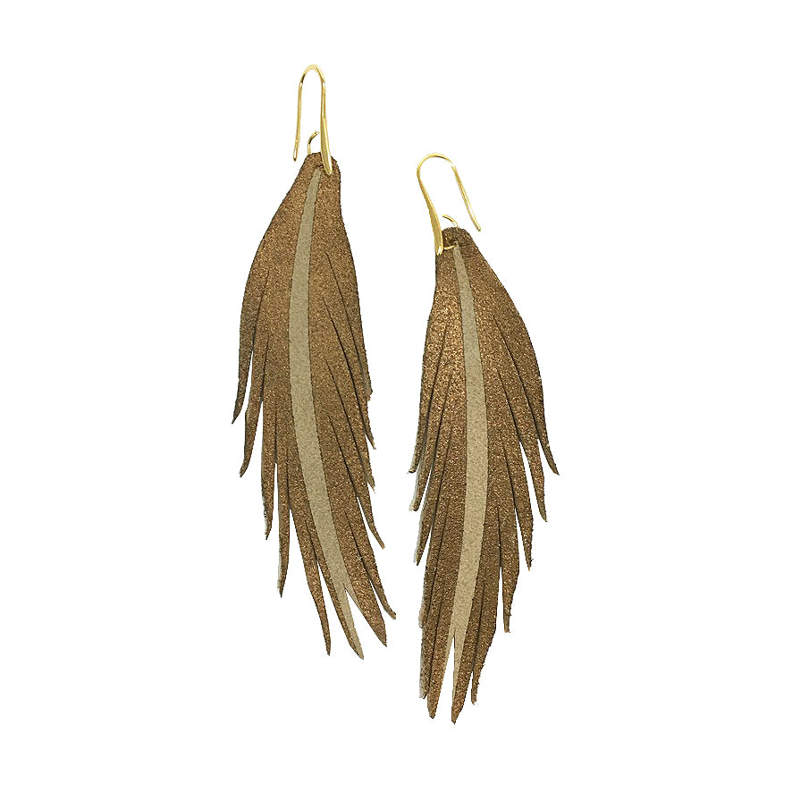 Short Feather Leather Earring - Bronze Painted-Short Feather Leather Earrings-Wholesale-Boutique-Clothing-Accessories