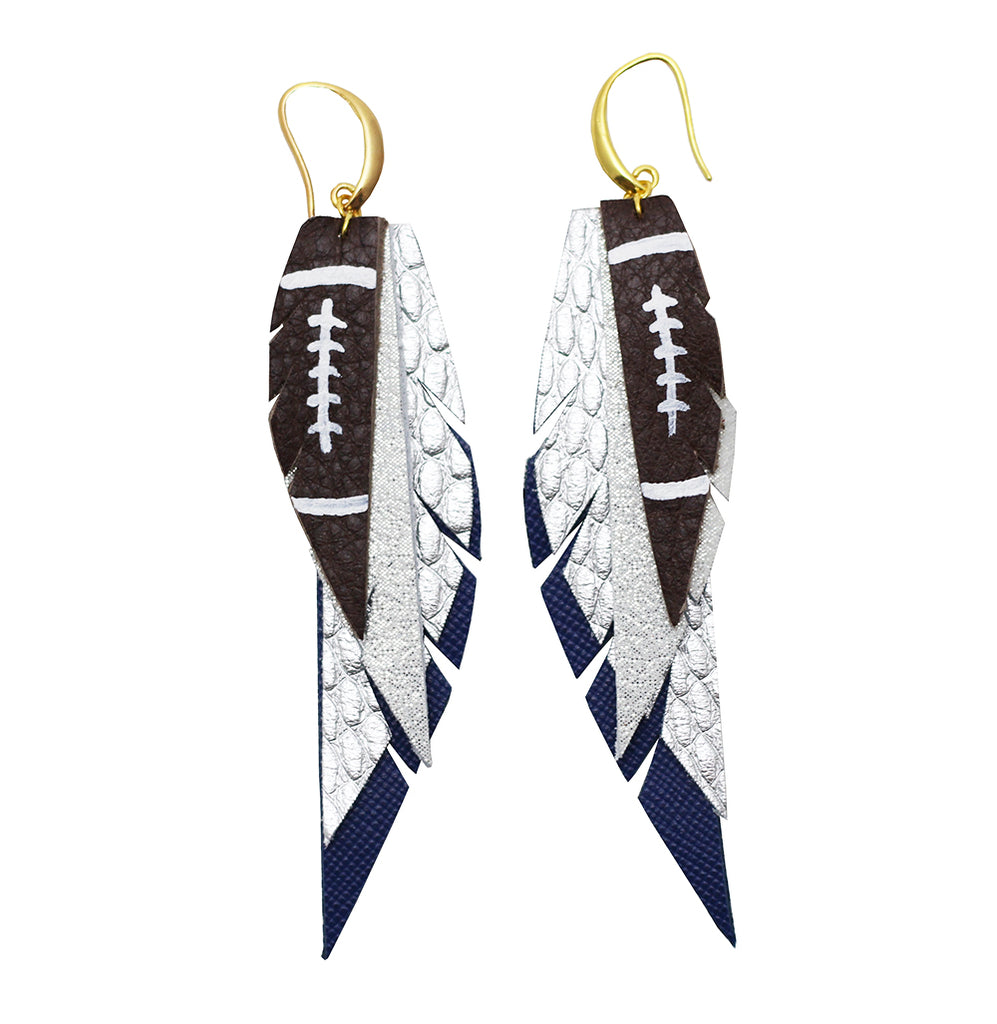 Layered Leather Football Earring- Silver and Blue-Layered Feather + Dipped Earrings-Wholesale-Boutique-Clothing-Accessories