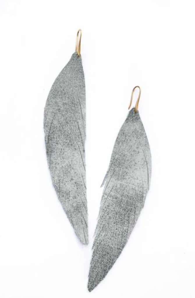Long Feather Leather Earring - Silver Metallic-Long Feather Leather Earrings-Wholesale-Boutique-Clothing-Accessories