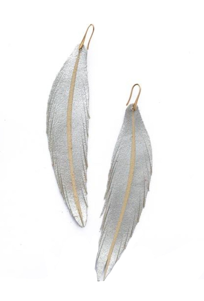 Long Feather Leather Earring - Silver Painted-Long Feather Leather Earrings-Wholesale-Boutique-Clothing-Accessories
