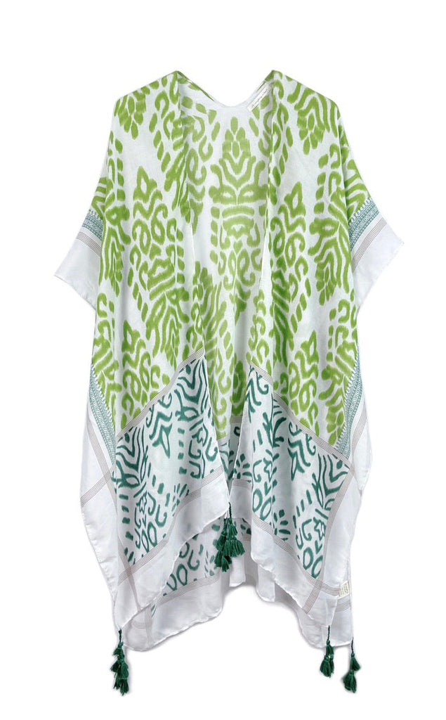 Simone IKAT Damask Print Tassel Kimono - Lime Green/Teal-Kimonos + Outerwear-Wholesale-Boutique-Clothing-Accessories