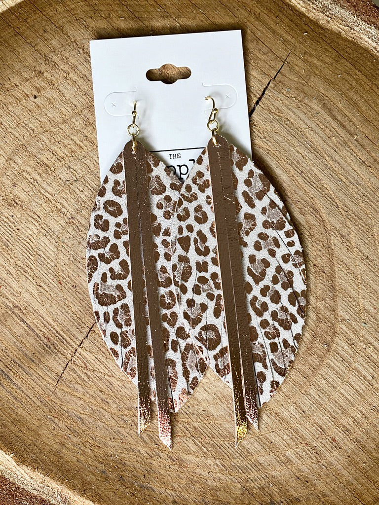 Single Layer with Tassel Earrings - Cream Rose Gold Leopard-Single Layer Leather Earrings with Tassel-Wholesale-Boutique-Clothing-Accessories