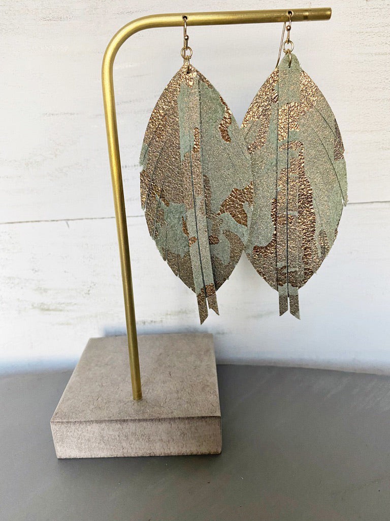 Single Layer with Tassel Earrings - Olive Gold Camo-Single Layer Leather Earrings with Tassel-Wholesale-Boutique-Clothing-Accessories