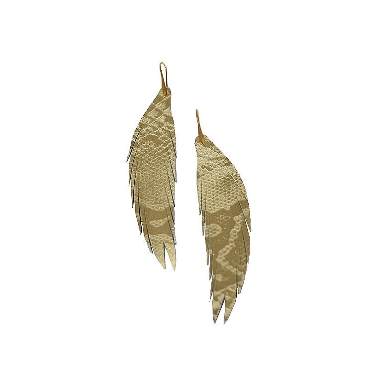 Short Feather Leather Earring - Snakeprint Gold-Short Feather Leather Earrings-Wholesale-Boutique-Clothing-Accessories