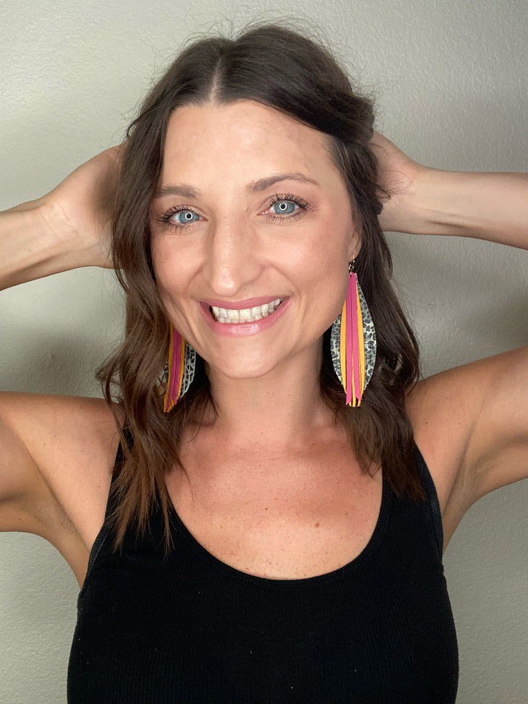 Stacked Leaf Tassel Leather Earrings - Camo Leopard Mustard Fuchsia-Leather-Wholesale-Boutique-Clothing-Accessories