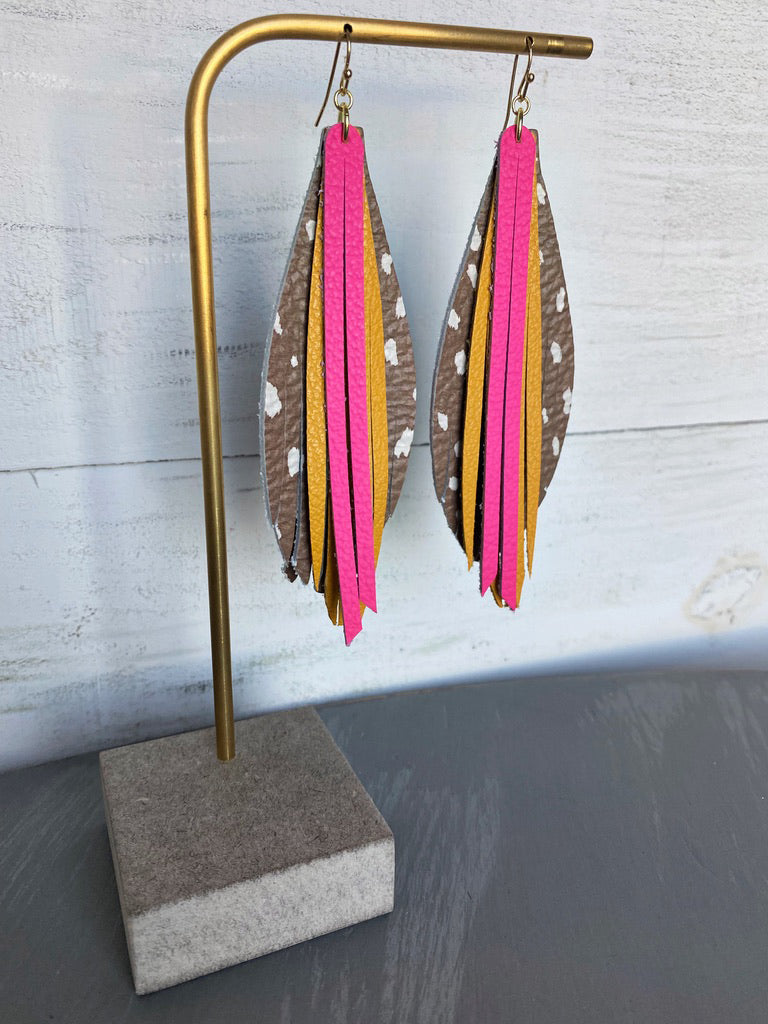 Stacked Leaf Tassel Leather Earrings - Deer Mustard Hot Pink-Leather-Wholesale-Boutique-Clothing-Accessories