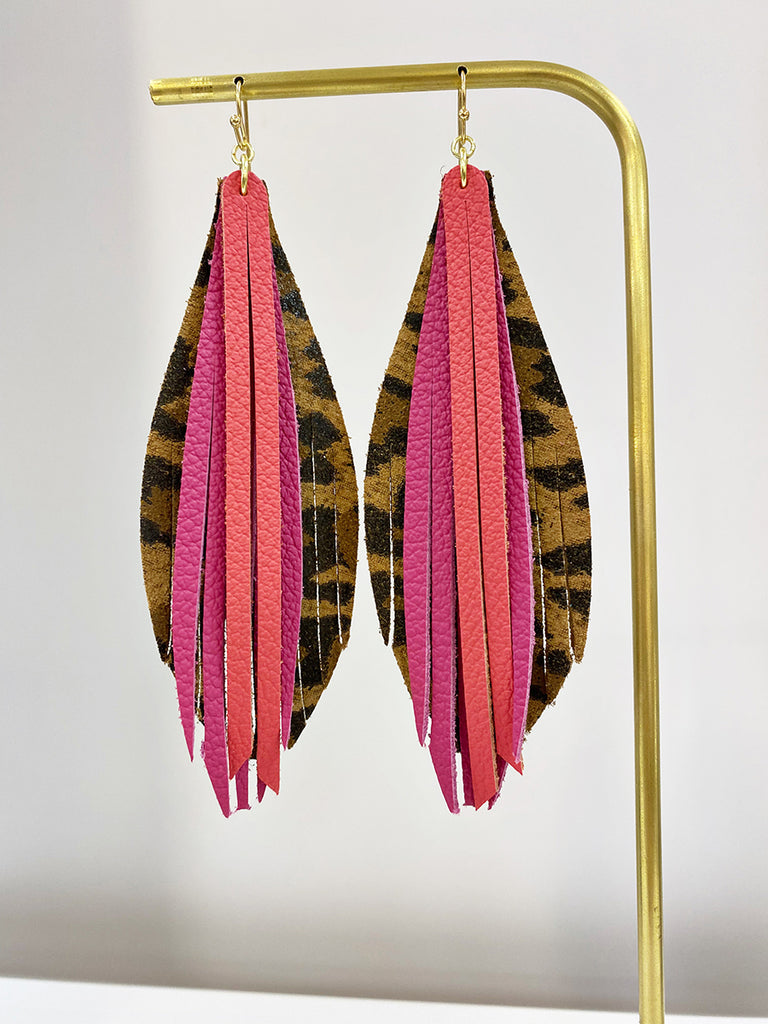 Stacked Leaf Tassel Leather Earrings - Leopard Fuchsia Coral-Leather-Wholesale-Boutique-Clothing-Accessories