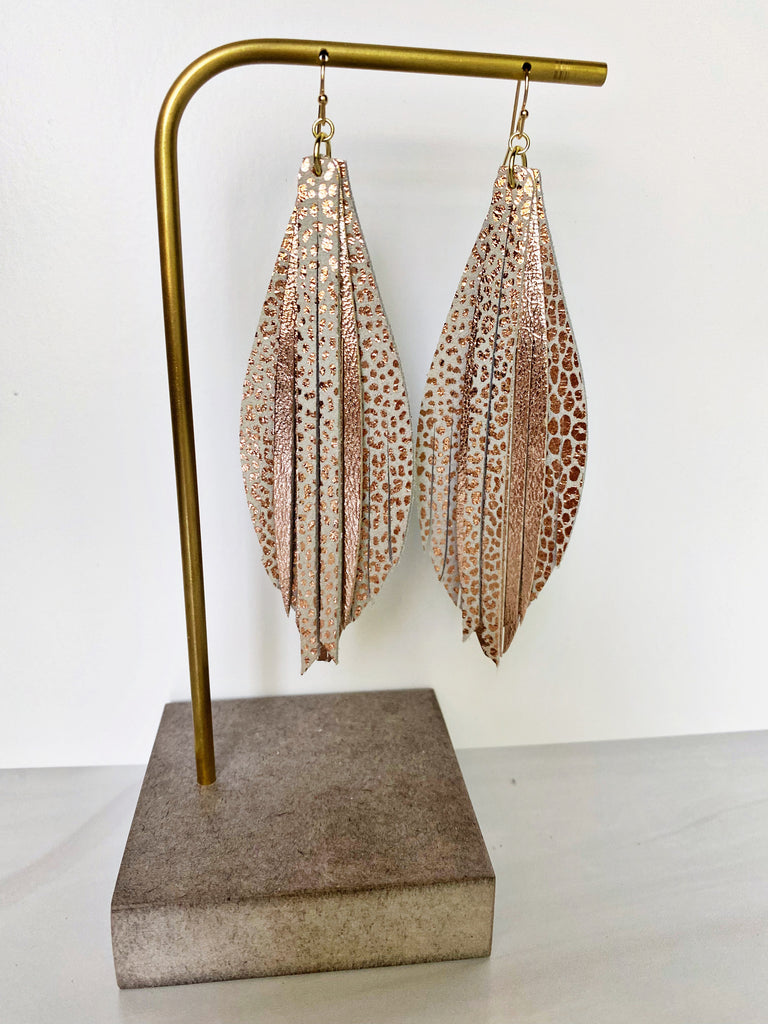 Stacked Leaf Tassel Leather Earrings - Rose Gold Baby Cheetah-Leather-Wholesale-Boutique-Clothing-Accessories