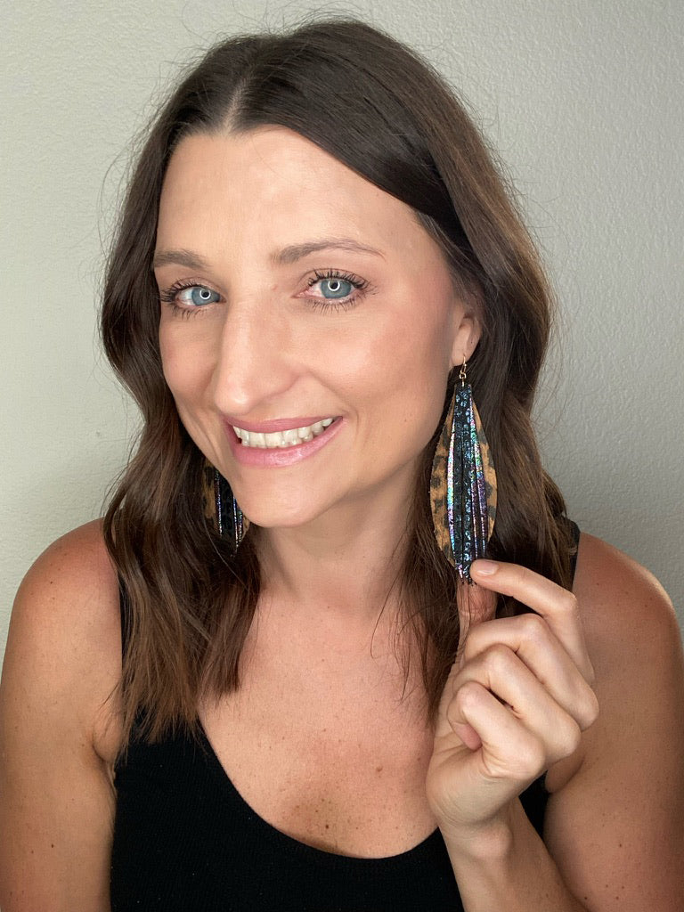 Stacked Leaf Tassel Leather Earrings - Leopard Oil Slick-Leather-Wholesale-Boutique-Clothing-Accessories