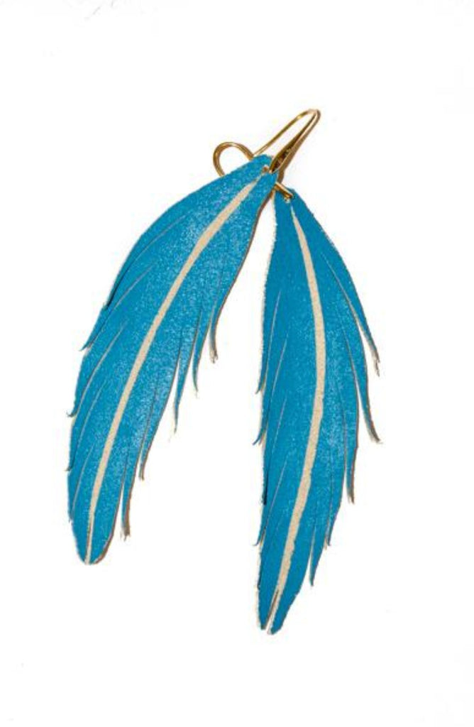Short Feather Leather Earring - Turquoise Painted-Short Feather Leather Earrings-Wholesale-Boutique-Clothing-Accessories