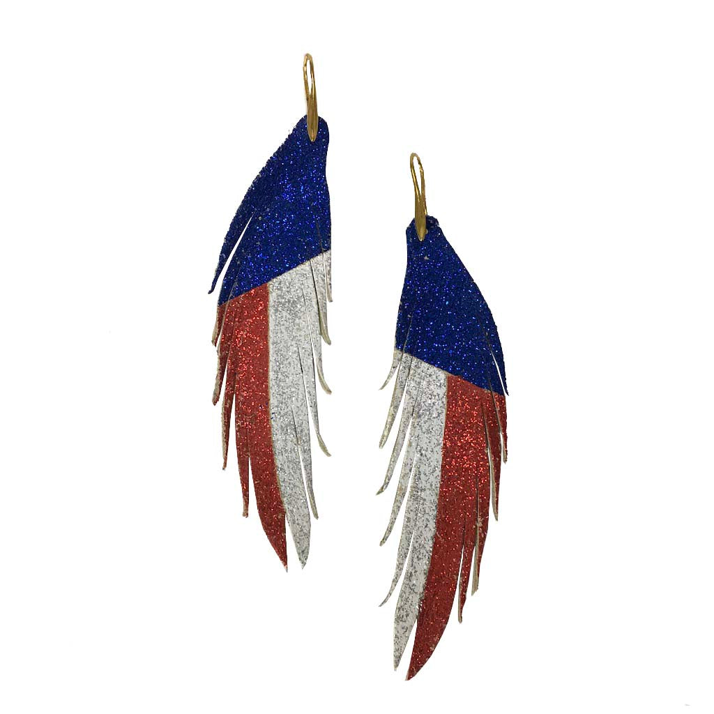 Red White and Blue Short Feather Leather Earring - Texas Flag-Short Feather Leather Earrings-Wholesale-Boutique-Clothing-Accessories
