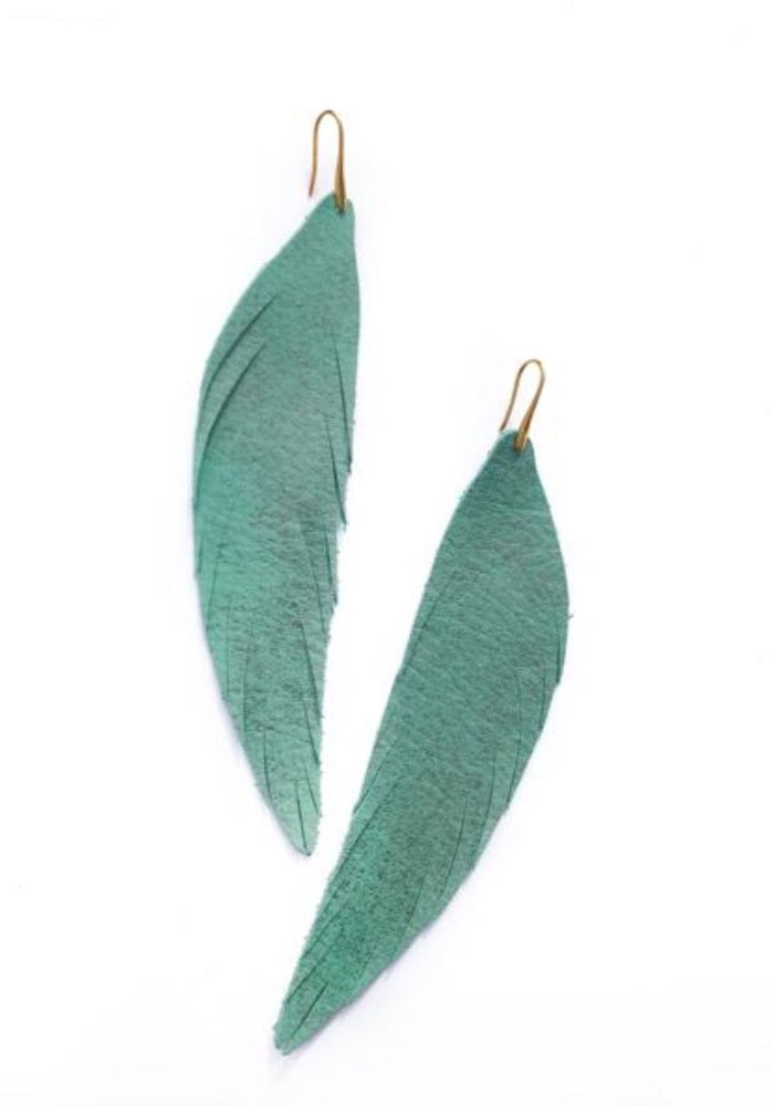 Long Feather Leather Earring - Turquoise Metallic-Long Feather Leather Earrings-Wholesale-Boutique-Clothing-Accessories