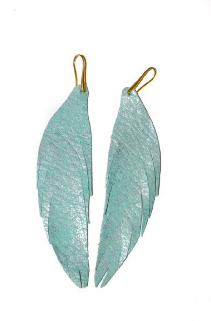 Short Feather Leather Earring - Turquoise Metallic-Short Feather Leather Earrings-Wholesale-Boutique-Clothing-Accessories