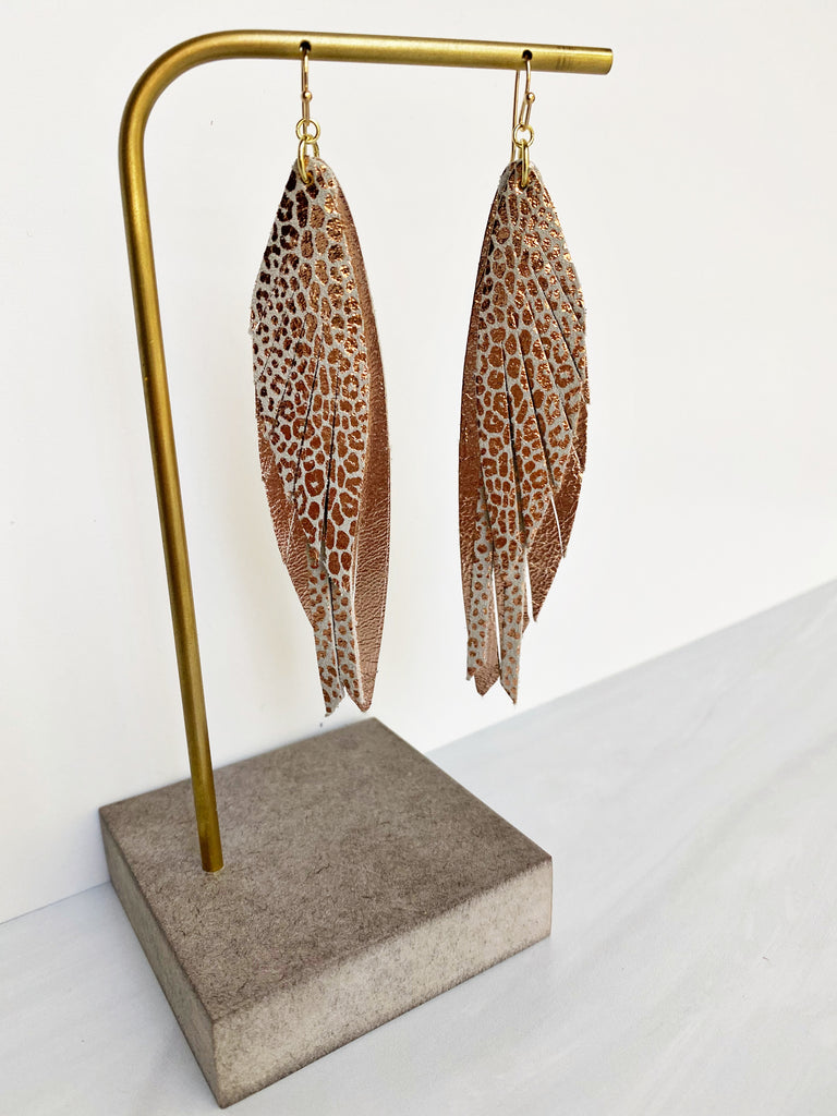 Layered Feather with Tassel - Rose Gold Cheetah-Layered Leather Earrings-Wholesale-Boutique-Clothing-Accessories