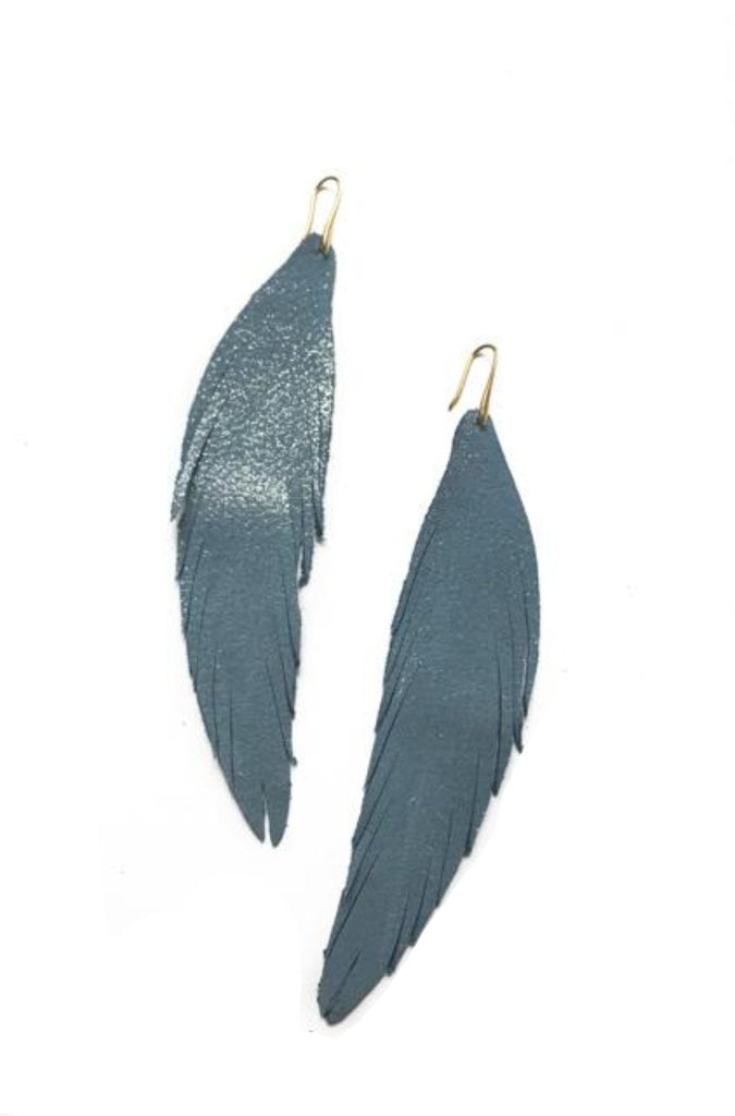 Long Feather Leather Earring - Smokey Blue Sparkle-Long Feather Leather Earrings-Wholesale-Boutique-Clothing-Accessories