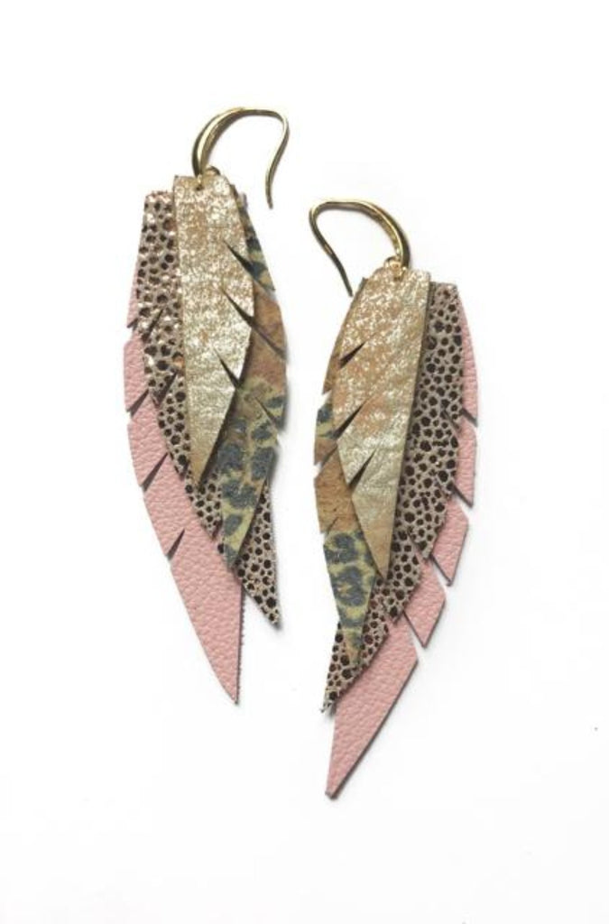 Layered Leather Earring - Pink, Gold and Leopard-Layered Feather + Dipped Earrings-Wholesale-Boutique-Clothing-Accessories
