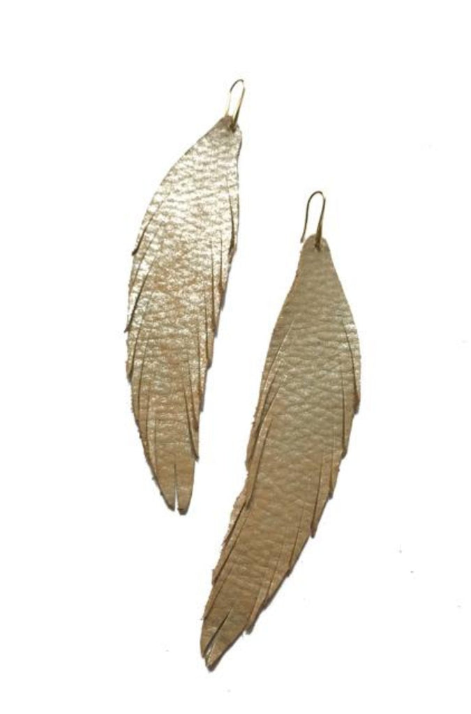 Long Feather Leather Earring - Tan Metallic-Long Feather Leather Earrings-Wholesale-Boutique-Clothing-Accessories