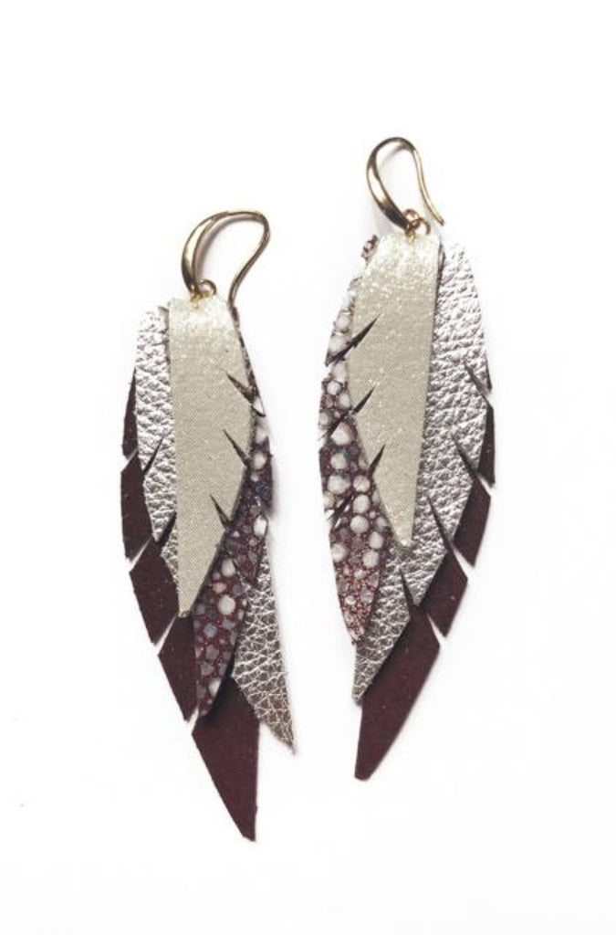 Layered Leather Earring- Maroon and Silver-Layered Feather + Dipped Earrings-Wholesale-Boutique-Clothing-Accessories