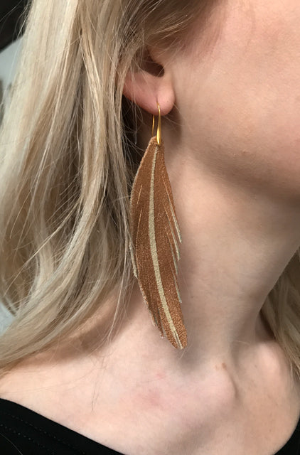 Short Feather Leather Earring - Tan Metallic-Short Feather Leather Earrings-Wholesale-Boutique-Clothing-Accessories