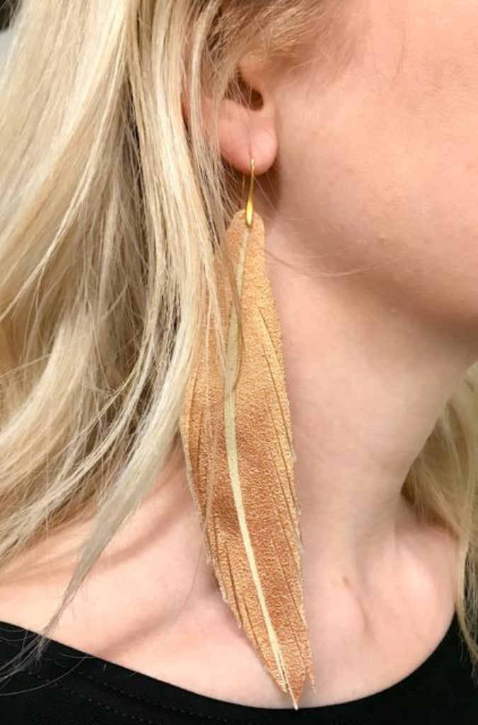 Long Feather Leather Earring - Gold Pebbled-Long Feather Leather Earrings-Wholesale-Boutique-Clothing-Accessories